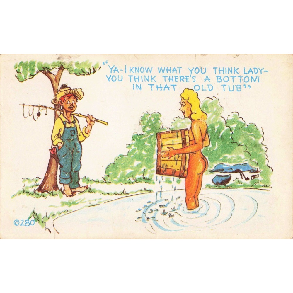 Vintage Kromekolor Comic Postcard Risque Humor Fisherman Bottomless Tub Noble - Picture 1 of 2
